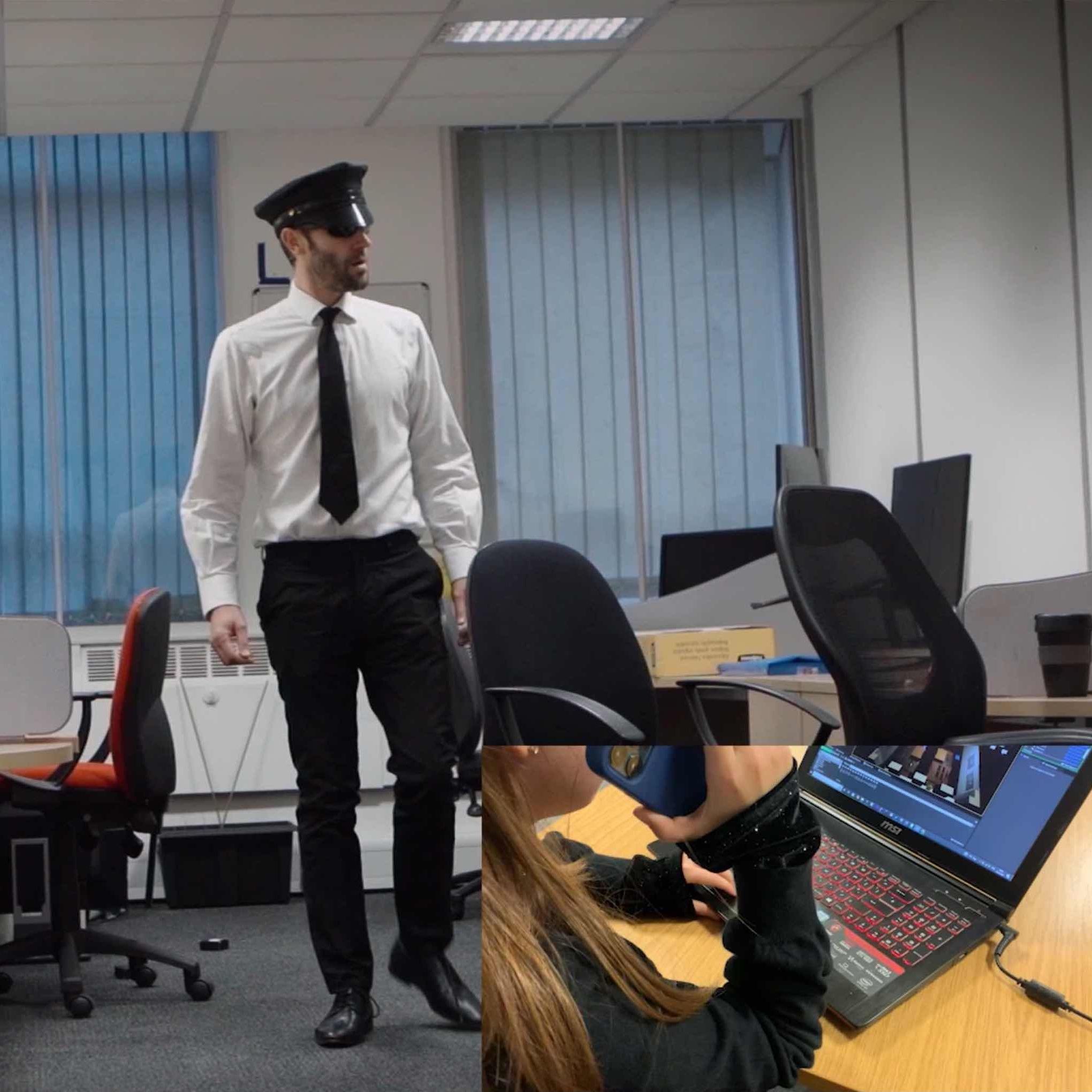 In the BridgeXR technical test, our security guard searches the lab for the hiding players