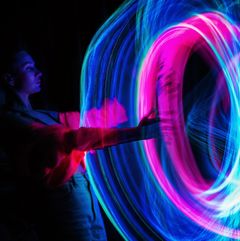 Artist Lisa Jamhoury showcasing her movement based work using bright colour traces